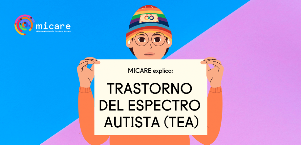 Ilustración de una persona sosteniendo un cartel que dice: MICARE explica qué es el trastorno del espectro autista