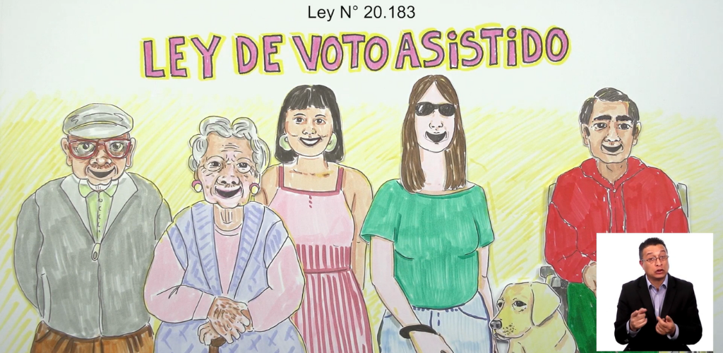 Ilustración que muestra a distintas personas mayores, con discapacidad, acompañantes y cuidadores, sonriendo. Sobre ellas se lee: Ley número veinte mil ciento ochenta y tres. Ley de voto asistido