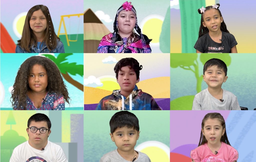 Captura de pantalla que muestra los rostros de distintas niñas y niños que hablan en el video.