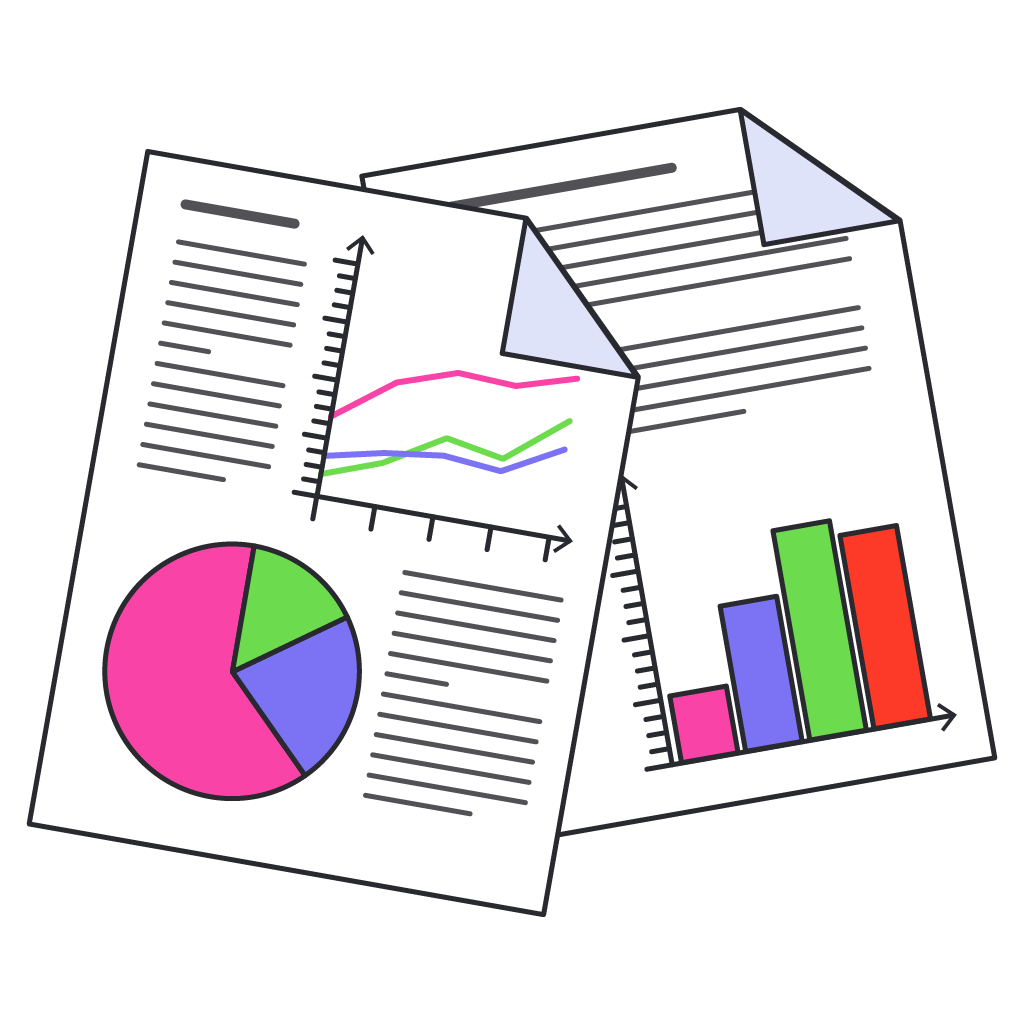 Dibujo que muestra dos hojas de papel con gráficos y datos.